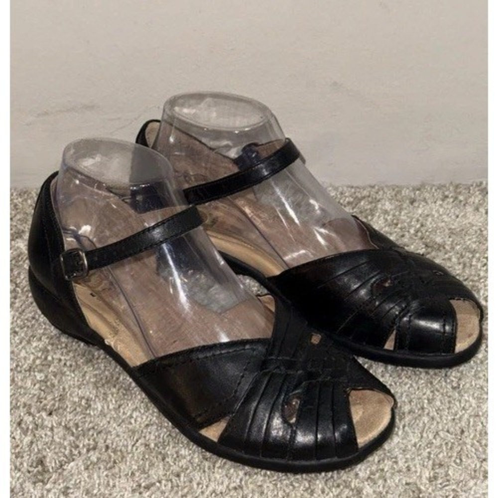Earth Spirit Elena Black Woven Leather Peep Toe Cushion Footbed Sandals Sz 7 EUC